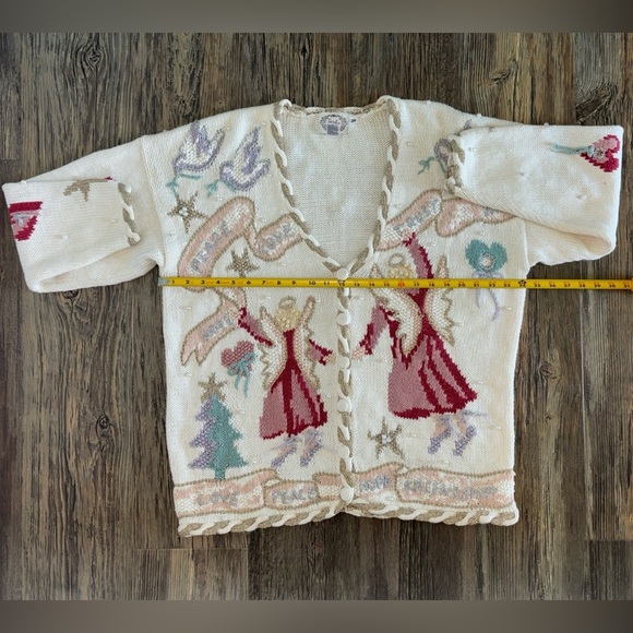 Vtg Stitches In Time QVC 2XL Embellished Cardigan Sweater Angels Peace Love Hope - Picture 5 of 13